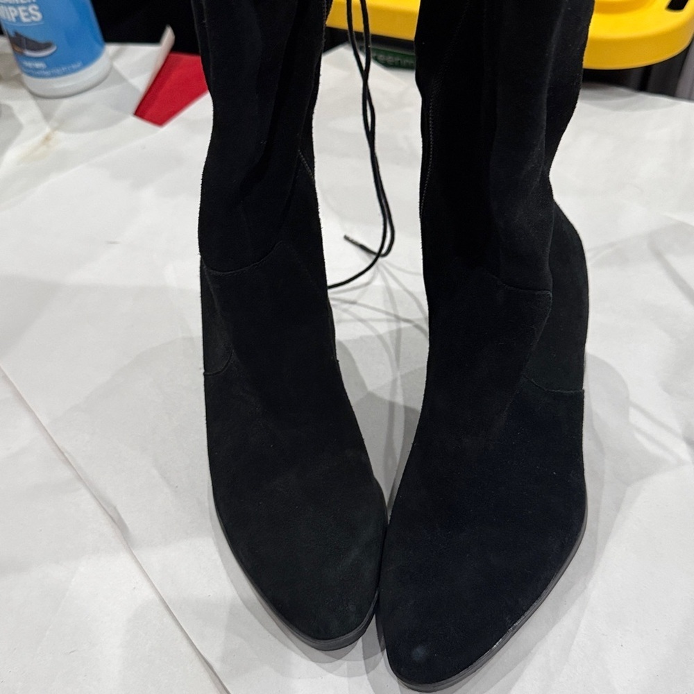 Black Suede Over-the-Knee Heeled Boots - Women's - Picture 4 of 6